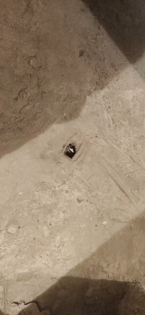 uszkodzona podłoga betonowa przez którą wchodzą szczury do piwnicy
